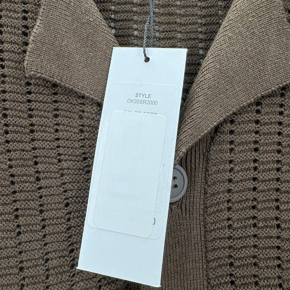 DKNY Crochet Cotton Knit Polo Sweater Mens L Brown Button Front Short Sleeve NWT - Picture 5 of 13